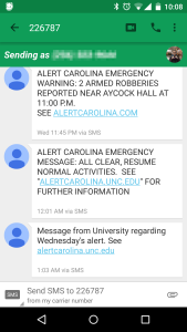 Text messages sent by Alert Carolina. Note the incorrect URL in the topmost message.