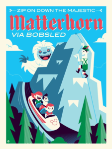 postcard with caption: Zip on down the majestic Matterhorn via Bobsled
