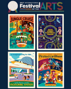 Four postcards: Jungle Cruise, Main Street Electrical Parade, Monorail, Pirates of the Caribbean