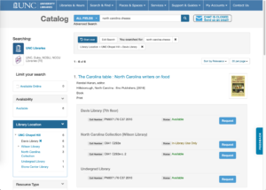 Screenshot of the UNC Libraries' catalog, showing search results