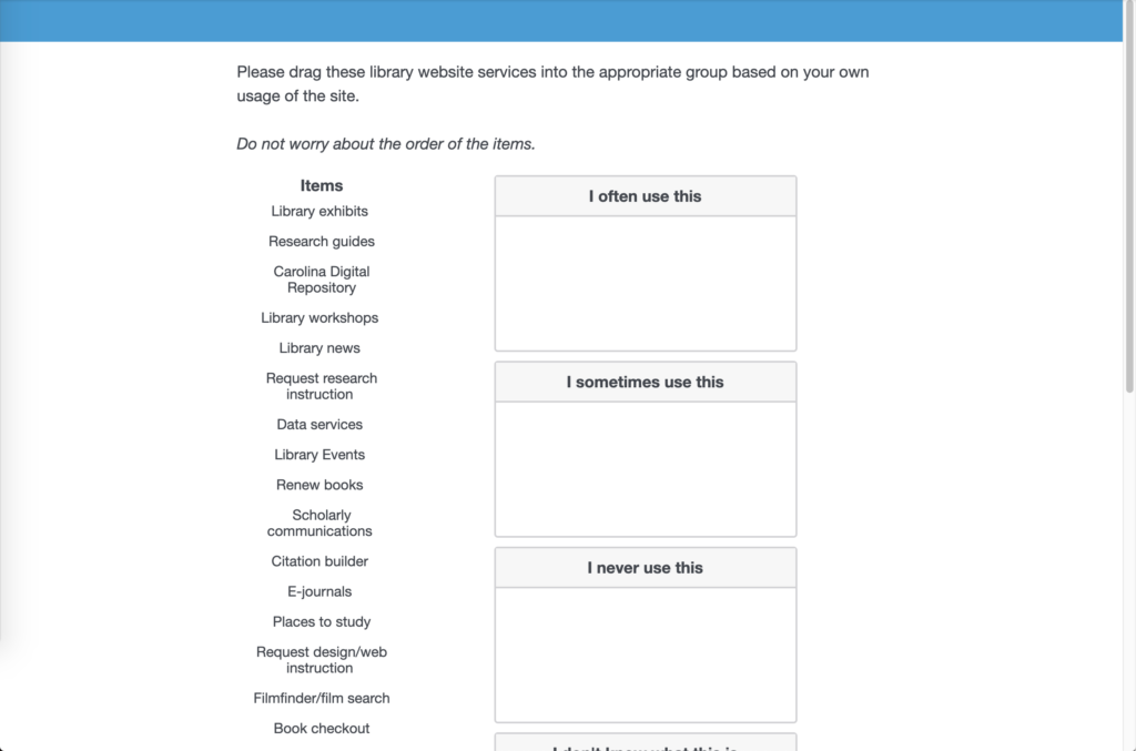 Screenshot of a qualtrics card sort in progress