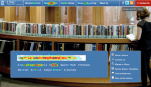 Heatmap of user clicks on the UNC Libraries' Homepage, with over 70% clustered on the screen's main search box.