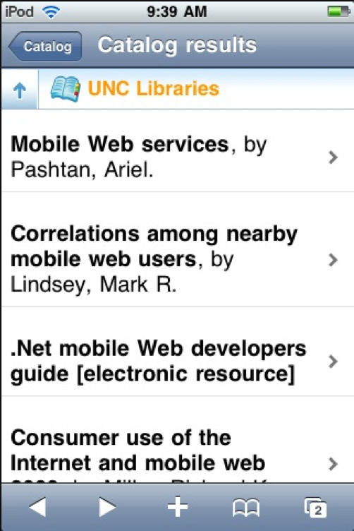 Screenshot of mobile catalog search results