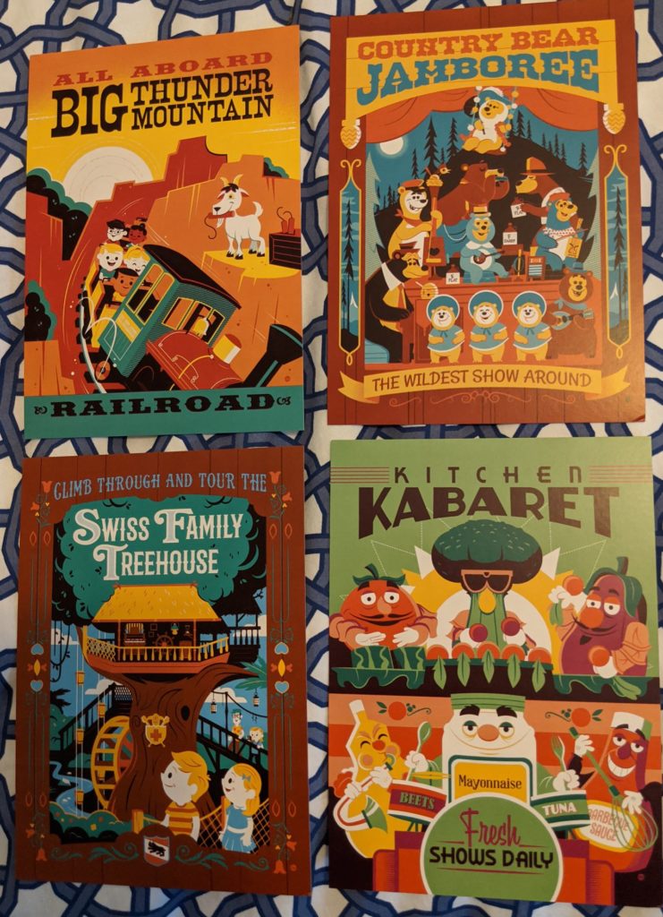 four postcards by Dave Perillo: Big Thunder Mountain, Country Bear Jamboree, Swiss Family Treehouse, and Kitchen Kabaret