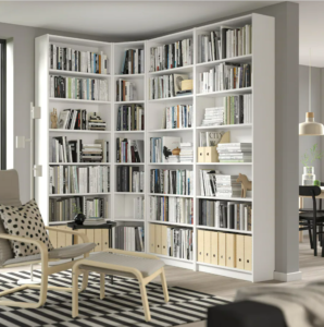 white billy bookcases set up in a living room