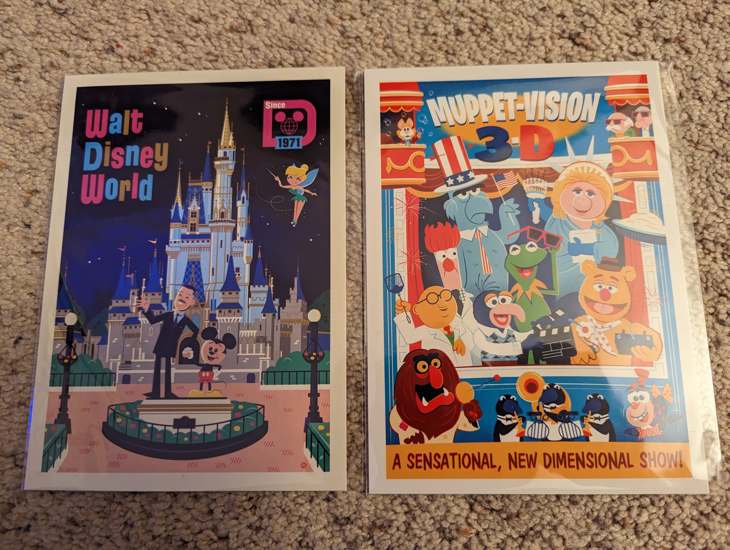 two postcards: Walt Disney World and Muppet-Vision 3D